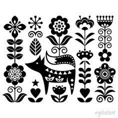 an image of flowers and animals in the shape of art nouveau style design, black on white