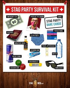 the stag party survival kit includes items such as water, sun glasses and other items