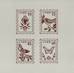 four stamps with birds and flowers on them