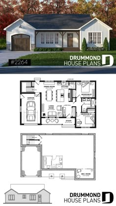 two story house plans with garage and living room in the middle, one bedroom on each floor