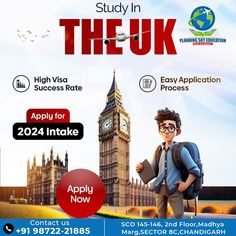 an advertisement for study in the uk with a man standing next to a clock tower