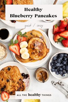 healthy blueberry pancakes with fresh fruit and syrup on the side for breakfast or brunch