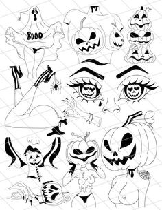 various halloween faces drawn in black and white