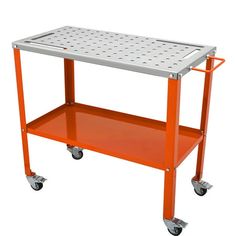 an orange cart with two wheels and a perfored shelf on the top is shown in front of a white background