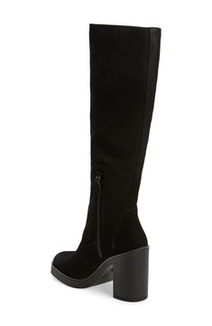 Elevate a wide range of looks with this knee-high boot artisanally crafted in Spain and set on a subtle platform and walkable block heel. 3 3/4" heel 15 1/4" shaft; 15 1/2" calf circumference Side zip closure Leather upper/synthetic linen/leather sole Made in Spain Tall Black Suede Boots, Formal Knee-high Platform Boots With Stacked Heel, Modern Knee-high Platform Boots With Stacked Heel, Knee-high Platform Boots With Stacked Heel, Elegant Leather Platform Knee-high Boots, Elegant Platform Knee-high High Heel Boots, Elegant High Heel Platform Knee-high Boots, Elegant Platform Knee-high Boots For Formal Occasions, Elegant Knee-high High Heel Platform Boots