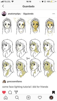 an iphone screen showing how to draw female faces with different facial expressions and hair styles