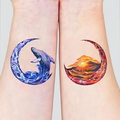 two tattoos on the legs of women with mountains and waves painted on them, both showing their bodies