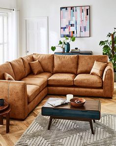 a living room with a couch, coffee table and potted plant on the floor