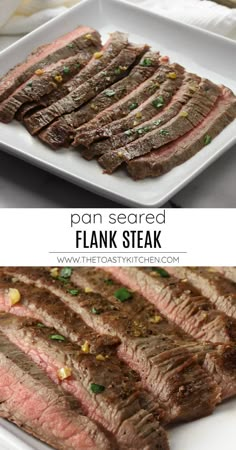 pan seared flank steak on a white platter