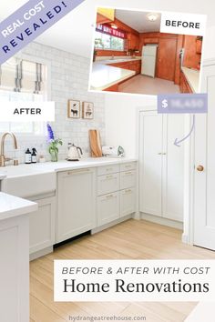 before and after photos of a kitchen remodel with white cabinets, wood floors, and hardwood flooring