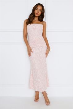 Length from bust to hem of size S: 118cm. Chest: 34cm, Waist: 32cm, across front only of size S. Maxi dress. Lined. Model is a standard XS and is wearing size XS. True to size. Stretch. Textured fabric. Gathered bodice. Elastic cord straps. Zipper. Cold hand wash only. Print placement may vary. Polyester/Spandex. Lovely, we've got a gorgeous style, just for you! The Juliette Loves Maxi Dress features a textured fabric, a gathered bodice and elastic cord straps. Style with heels and curls for a f Pink Ruched Maxi Dress With Fitted Bodice, Pink Ruched Maxi Dress, Pink Maxi Dress With Ruched Sweetheart Neckline, Feminine Strapless Pink Maxi Dress, Pink Fitted Full-length Maxi Dress, Halter Maxi, Halter Maxi Dresses, Grad Dresses, Pink Maxi Dress