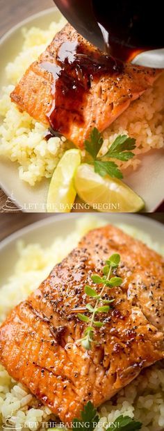 two pictures of salmon and rice with sauce being poured on top, the other side is covered in gravy