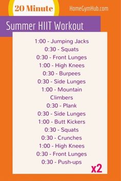 the 20 - minute summer hit workout is shown in purple and orange with an orange background