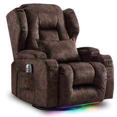 a brown recliner chair sitting on top of a rainbow light underneath the arm rest