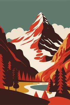 Mountain Matterhorn Swiss Alps landscape at Europe Switzerland vector Matterhorn Tattoo, Swiss Alps Aesthetic, Switzerland Drawing, Matterhorn Wallpaper, Switzerland Graphic Design, Swiss Alps Illustration, Switzerland Map Illustration, Alps Painting, Switzerland Aesthetic