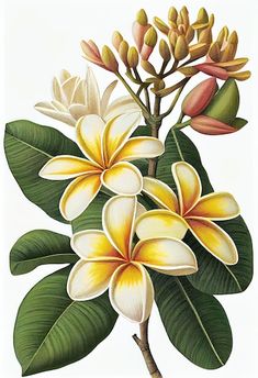 a painting of flowers and leaves on a white background