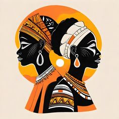 two african women wearing headgear and earrings in front of an orange circle with the sun behind them