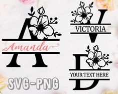 three flower monograms with the letters victoria and your text here, svg - png