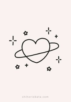 a black and white line drawing of a heart with an object in the middle, surrounded by stars