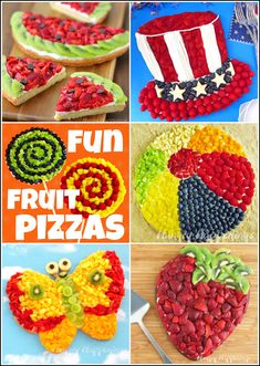 the four pictures show different types of fruit pizzas, including strawberries and apple slices