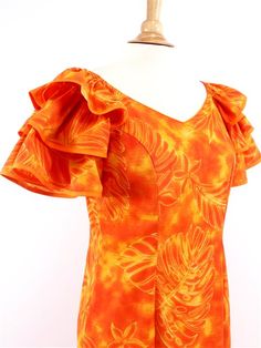 Monstera Orange Poly Cotton Hawaiian Big Ruffle Sleeve Long Dress | AlohaOutlet Poly Cotton Dress, Hawaiian Fashion Woman, Hawaiian Mumu Dress, Hawaiian Dress Pattern, Dress Hawaiian Style, Samoan Dress, Hawaiian Wear, Fiji Culture, Hawaiian Muumuu