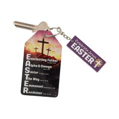 a keychain with a cross on it that says, everlasting father