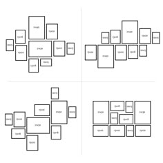 four different layouts for the same page in an image, each with three different sections