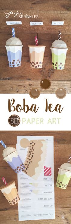 an advertisement for boba tea paper art on a wooden table with cups and papers