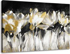 white and gold flowers in black and white with yellow accents on the petals, against a dark background