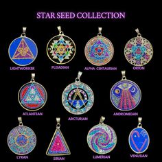 the star seed collection pendants are all different colors and designs, with their respective symbols