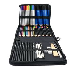 a large set of colored pencils and pens in a black case on a white background