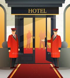 two men in red uniforms are standing at the entrance to a hotel - people characters