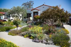 a house with lots of flowers in the front yard and landscaping on the side walk