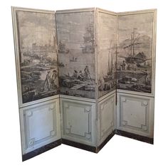 Zuber wall paper screen depicting the return of Napoleon from Italy, rare piece with french hinges ( meaning it can open in every which way), the wallpaper is applied on to a burlap fabric which has been fastened to the wood screen, this piece is a conversation piece and a rare piece, all in grisaille the wall paper is in fairly good condition. please see the pictures attached. 4 panels of 22" each. Neoclassical Wallpaper, Zuber Wallpaper, Paper Screen, Upholstered Settee, Tiger Wallpaper, Modern Screens, Faux Wood Beams, Scenic Wallpaper, Wood Screens