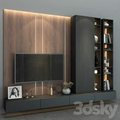 modern living room with entertainment center and built in bookshelves on the side wall