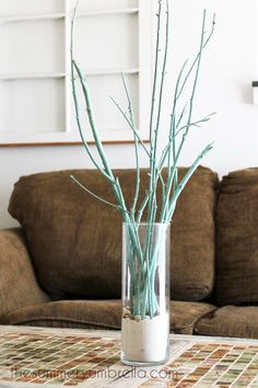 there is a vase with branches in it on the coffee table next to a couch