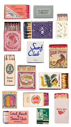 many different types of matches are arranged on a white background with the words surf club written above them