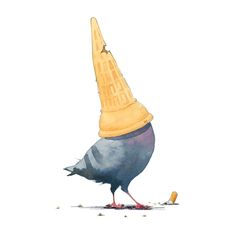 a watercolor painting of a bird wearing a cone on it's head and eating seeds