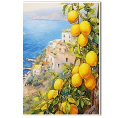 a painting of lemons growing on a tree next to the ocean