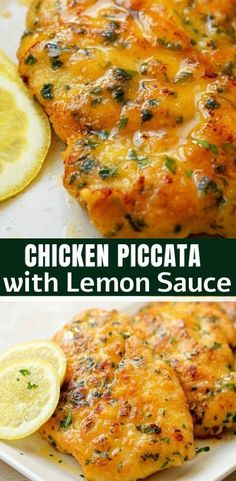 chicken piccata with lemon sauce is shown on a plate and in the background