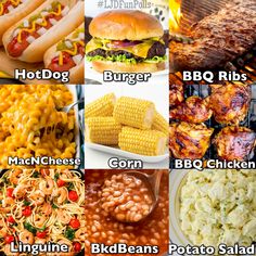 the different types of hot dogs, burgers, macaroni, corn, and beans