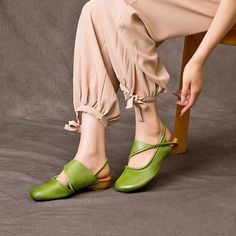 Genuine Leather Block Heel Sandals For Women Round Toe Mules in Green 2024 Shoes, Heel Sandals For Women, Fall Shoe, Top Cow, Block Heel Sandals, Leather Block Heels, Cut Out Design, Fall Shoes, Sandals For Women