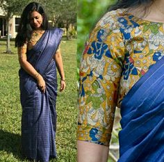 Dark Blue Saree Contrast Blouse, Blue Saree Contrast Blouse, Contrast Blouse Designs, Saree 2022, Kalamkari Blouse Designs, Blouse Maggam Work, Designer Blouses Online, Kalamkari Blouse