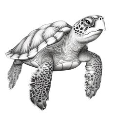 a black and white drawing of a sea turtle with its head turned to the side