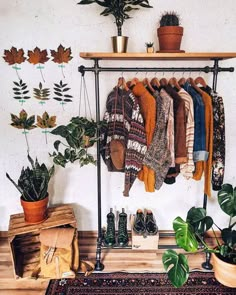 there is a rack with many sweaters and shoes hanging on the wall next to a potted plant