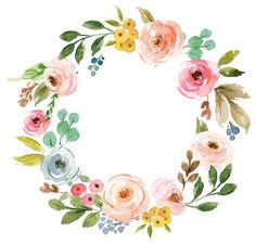 watercolor flowers arranged in a circle with leaves and berries around the edges on a white background