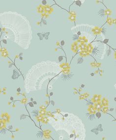 yellow flowers and leaves on a light blue background with white doily, butterflies and lace