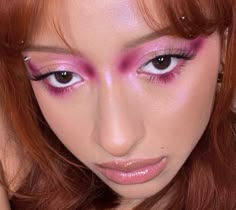 Pink Red Eye Makeup, Creative Pink Makeup, Pink Pony Club Makeup, Pink Grunge Makeup, Cute Pink Makeup Looks, Maximalist Makeup, Aura Makeup, Hot Pink Makeup, Club Makeup