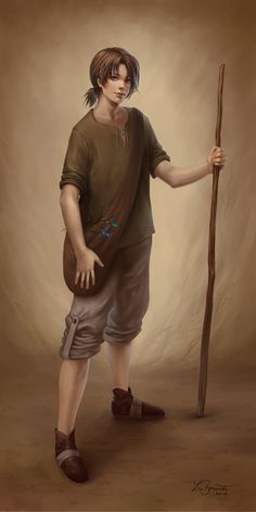 a painting of a boy holding a stick