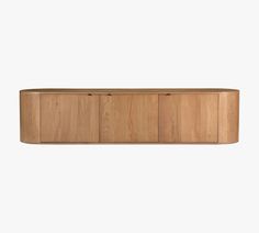 the sideboard is made out of wood and has four compartments on each side, with one door open